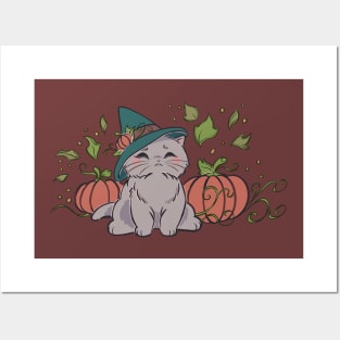 White Autumn Pumpkin Cat Posters and Art